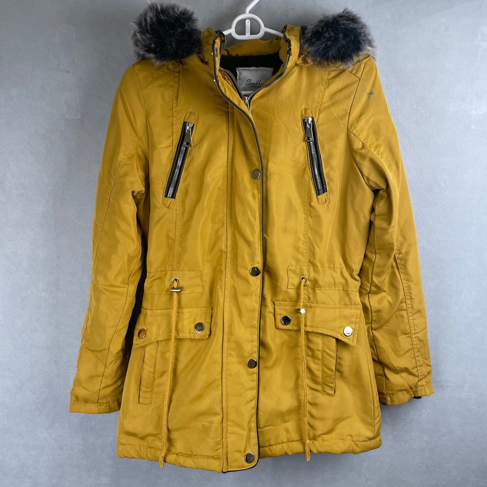 Snobbish Collection Mustard Yellow Faux Fur Trim Fleece Hooded Parka Jacket S